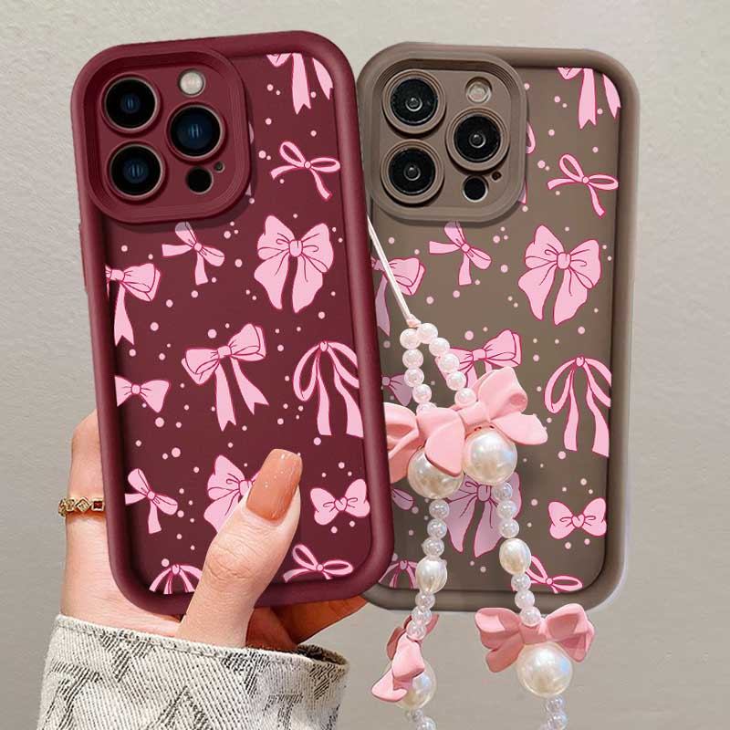 Insแฟชั่นจุดสีชมพูBows Pearlsสร้อยข้อมือเคสโทรศัพท์สําหรับInfinix X6511B X6511E X6512 X6515 X6816C X