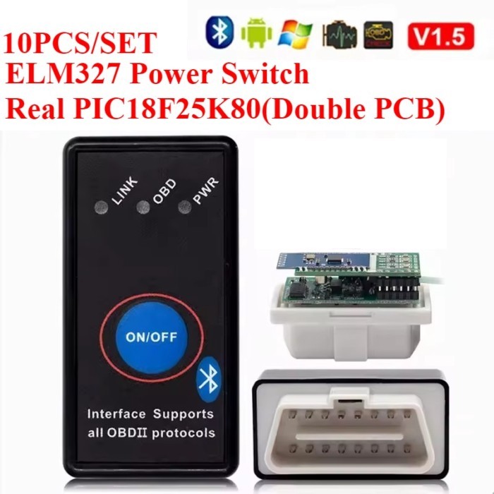 10PCS/SET ELM327 V1.5 PIC18F25K80 Chip ELM 327 Bluetooth With Power Switch on/off elm327 OBDII Code