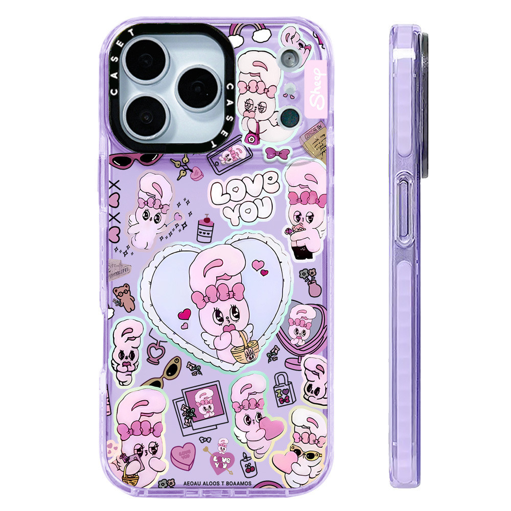 น่ารักสีชมพูกระต่ายทุกวันสติกเกอร์สําหรับIPhone 11 12 13 15 14 16 17 Pro Max 12 MiniฝาครอบX XR XS MaxซิลิโคนกันชนใสSE 2022 6 7 8 Plusกันกระแทก
