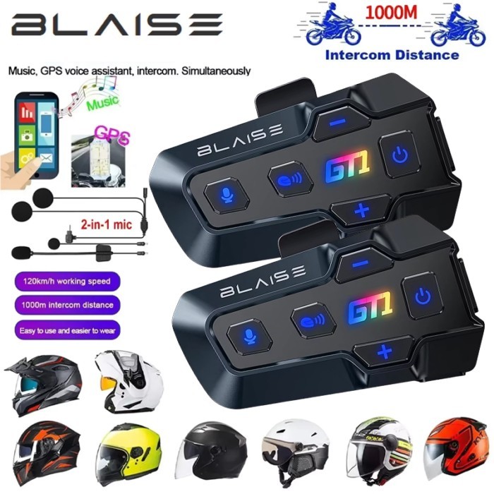 BLAISE 1/2x Music Interphone Bluetooth 5.3 Motorcycle Helmet Intercom Headset Waterproof 1000m Inte