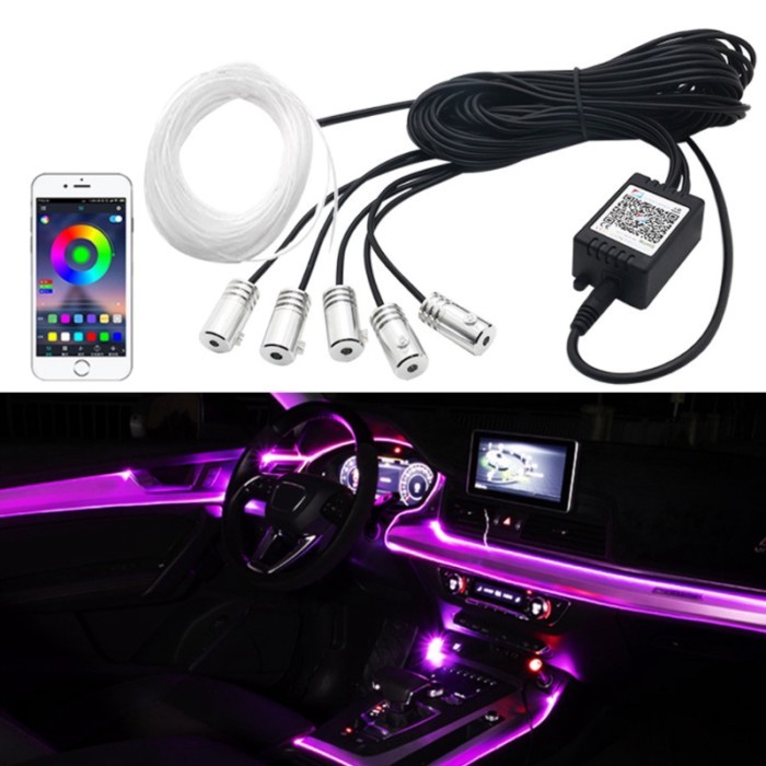 6 in 1 RGB LED Atmosphere Car Light Interior Ambient Light Fiber Optic Strips Light by App Control