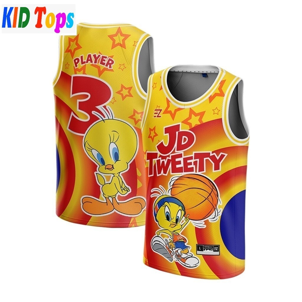 [ฟรีที่กําหนดเอง] เสื้อฟุตบอลเด็ก Twety Tune Squad เสื้อสีเหลือง Full Sublimation Swingman เสื้อบาสเ