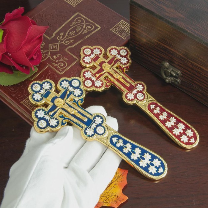 Orthodox Handle Blessing Church Cross Gold Plated Colorful Enamel Jesus icon Cross INRI Handheld Cr