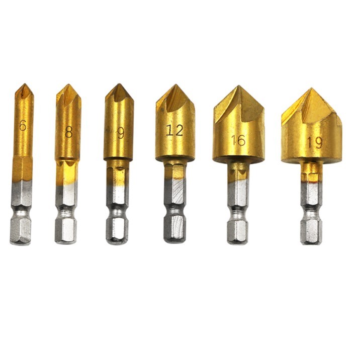 3/6 PCS Set HSS 82 Degree Point Angle Chamfering Cutter 1/4" Hex Shank 5 Flute Countersink Drill Bi