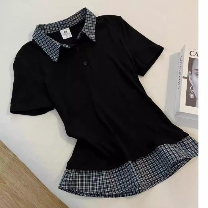 เสื้อโปโลแขนสั้นผู้หญิง ลายสก๊อตสไตล์ใหม่ สวมใส่สบายในหน้าร้อน