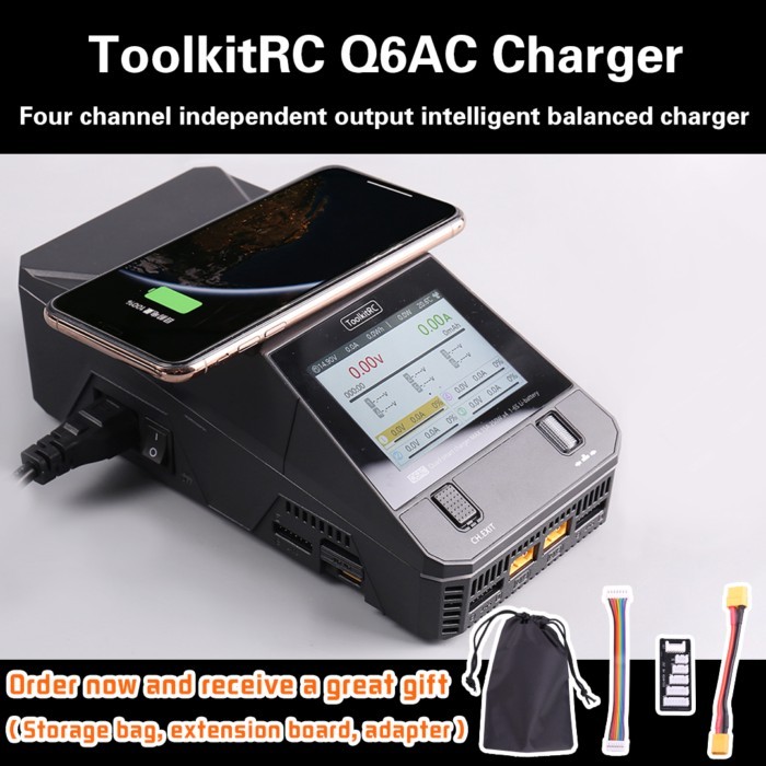 ToolkitRC Q6AC Charger AC 400W/DC 1000W 4CH output Built-in 65W USB A/TYPEC Output ,LiPo, 1-6S，NiMH