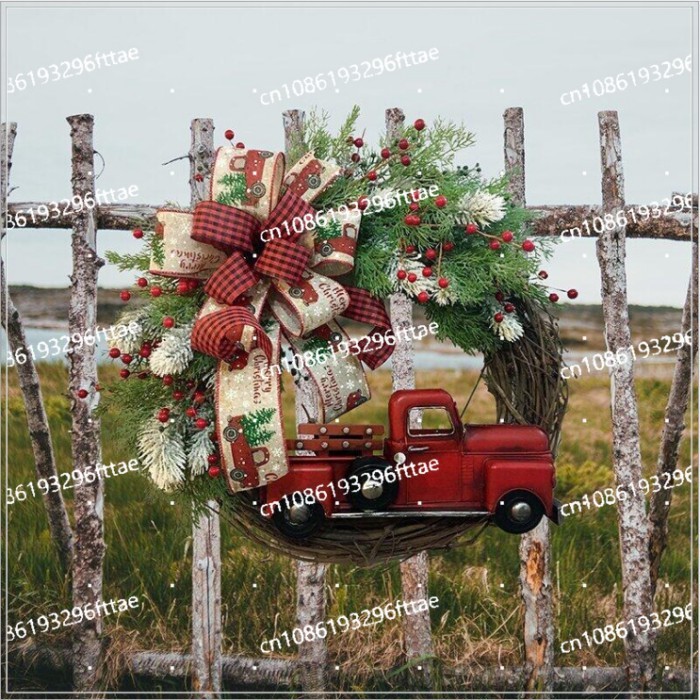 New Products Red Truck Christmas Wreath Farmhouse Red Truck Wreath Christmas Decoration Winter Wrea