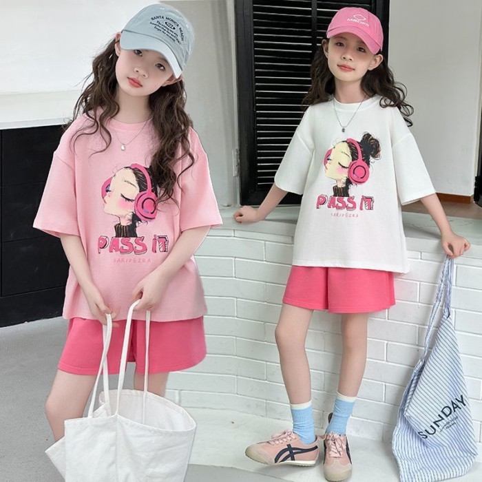 onekid🌼 สาวฤดูร้อนชุดใหม่สบายๆแฟชั่นเสื้อแฟชั่นขนาดกลางและขนาดใหญ่กางเกงขาสั้นเด็กแขนสั้นชุดสองชิ้