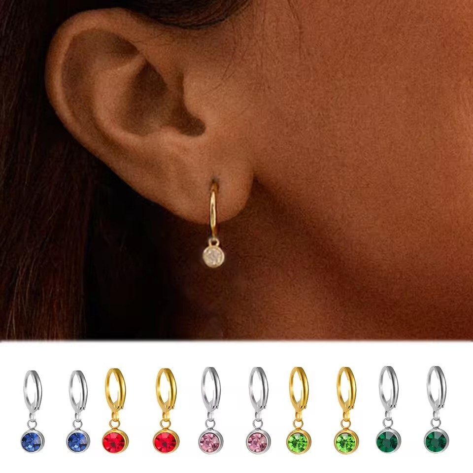 ต่างหูสแตนเลส 12 สี กะรัดRhineStoneและBirthstone เหมาะสำหรับการสวมใส่วัน.daily