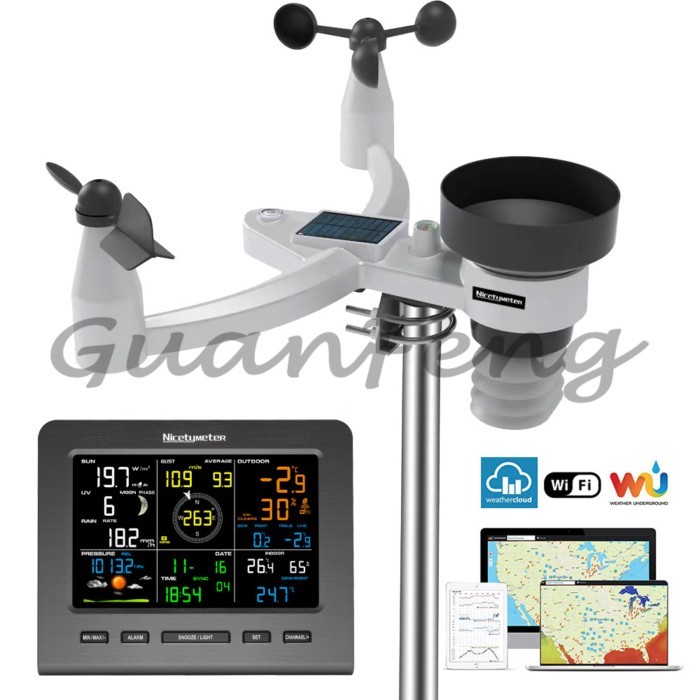 FT0360 Wi-Fi Weather Station Wireless Outdoor Solar Powered 7-in-1 Weather Sensor LCD Console Displ