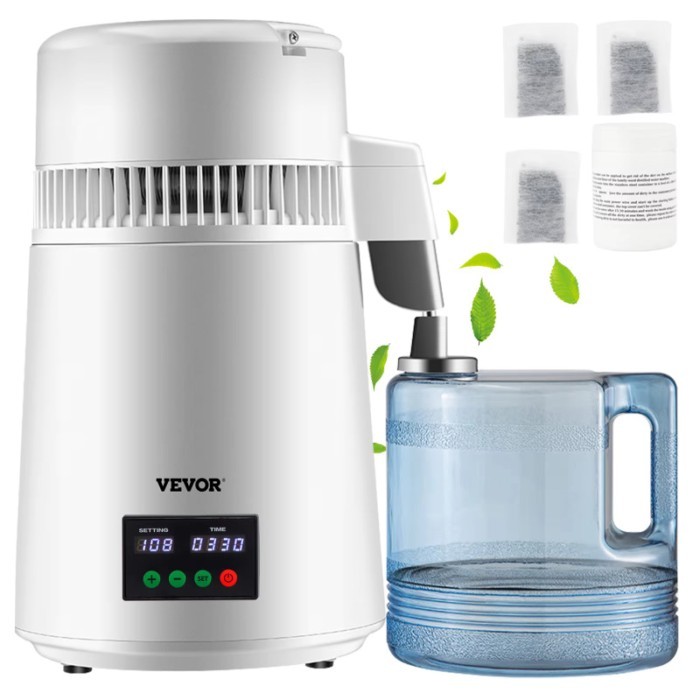 VEVOR 4L Water Distiller, 1L/H, 750W Distilled Water Maker Machine 0-99H Timing Set Temp Display, 3