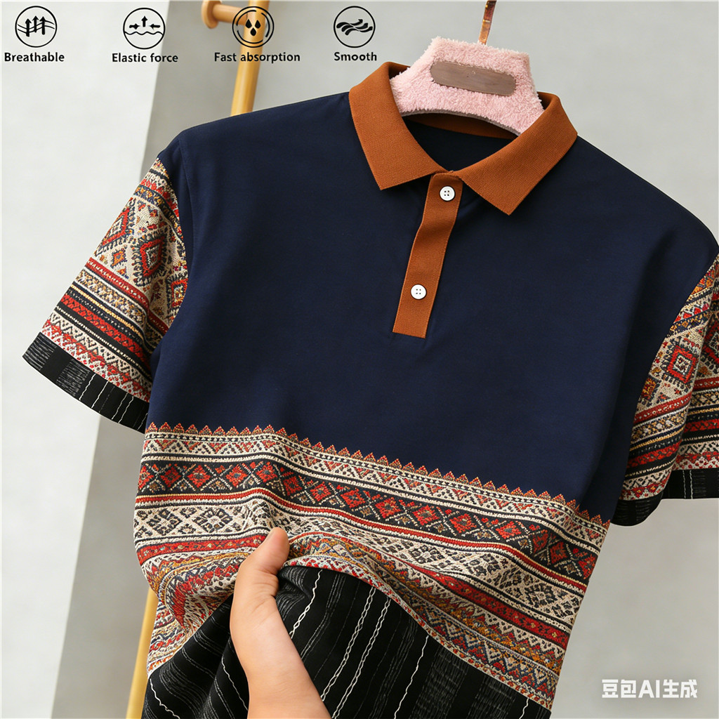 เสื้อโปโลแขนสั้นผู้ชาย ลายชาติพันธุ์ สวมใส่ง่ายในฤดูร้อน