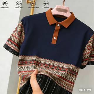 เสื้อโปโลแขนสั้นผู้ชาย ลายชาติพันธุ์ สวมใส่ง่ายในฤดูร้อน