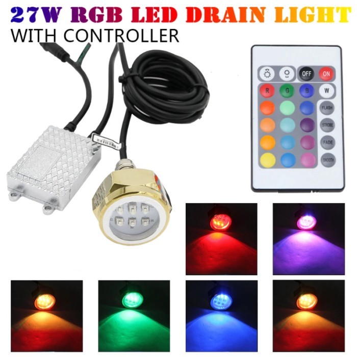 Waterproof 12V-24V 27W RGB Boat Drain Plug Light 9 LED Boat Light Underwater Boat Lamp NPT Threaded