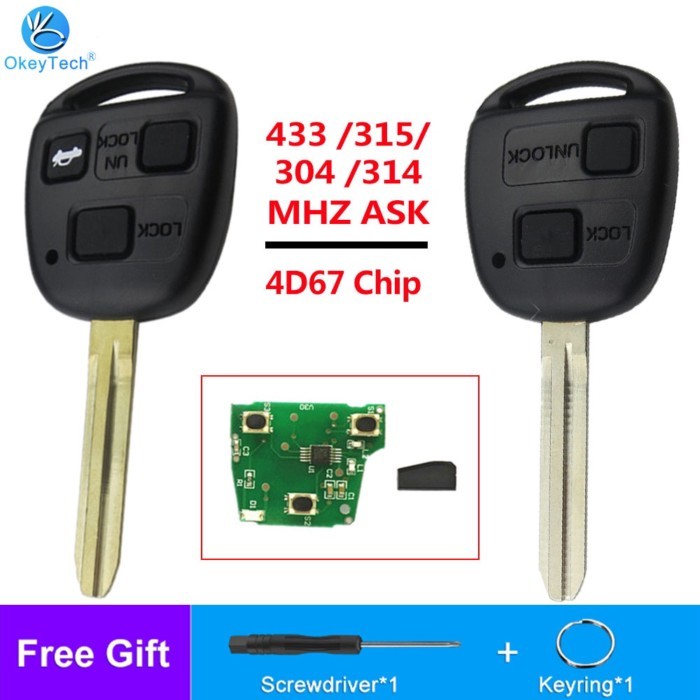 OkeyTech 433 /315/304 /314mhz 2/3 Buttons 4D67 Chip Replacement Auto Remote Key For Toyota Avensis