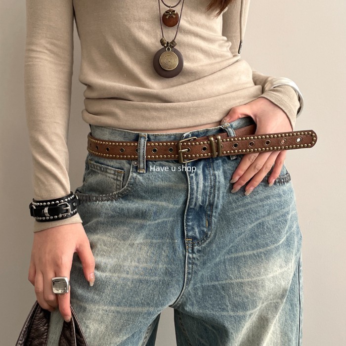 Have u shop Retro American Style y2k Rivet Belt Ladies Niche Design Sense เข็มขัดสีน้ําตาลพร้อมกระโป
