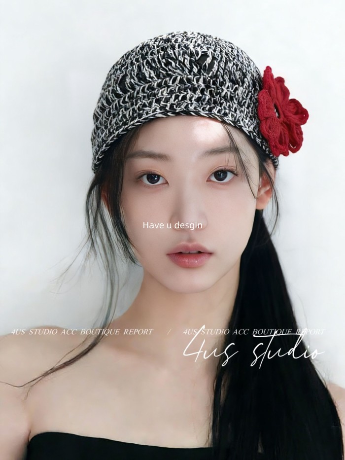มี ยู desgin ฝรั่งเศสย้อนยุคดอกไม้ใหญ่มือแกะสลักกลวงเป่าโถวหมวกหญิงฤดูใบไม้ผลิสไตล์ใหม่หมวกทําด้วยผ้าขนสัตว์แสดงใบหน้าหมวกเย็นขนาดเล็ก
