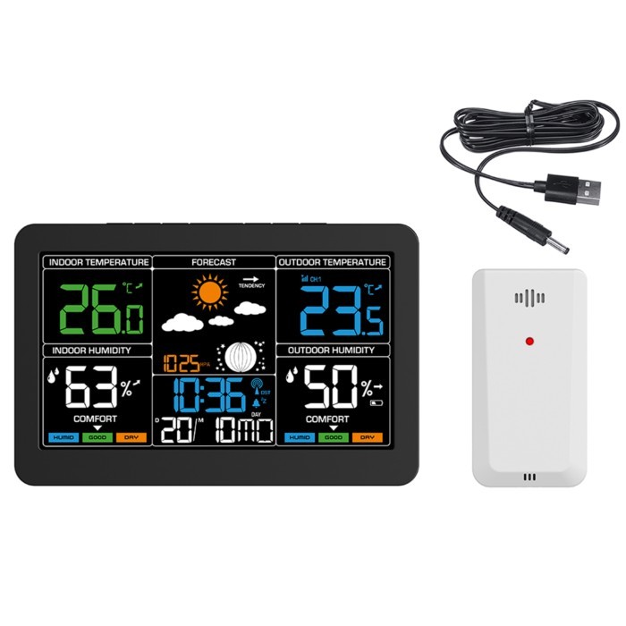 Large Screen Weather Clock Weather Station Wireless RF Temperature Humidity Monitor with Weather Fo