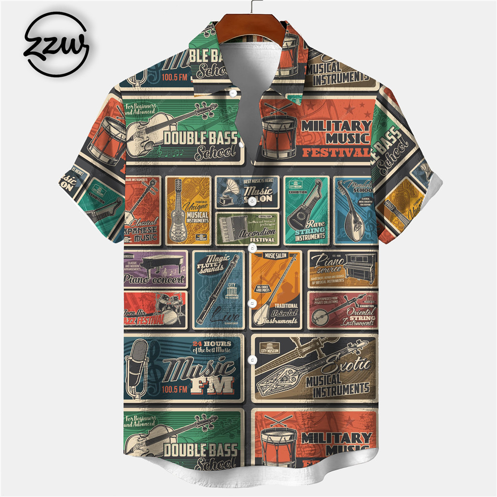 เสื้อฮาวายผู้ชาย ลายเขตร้อน Vintage แขนสั้น สำหรับวันพักผ่อนที่ชายหาด