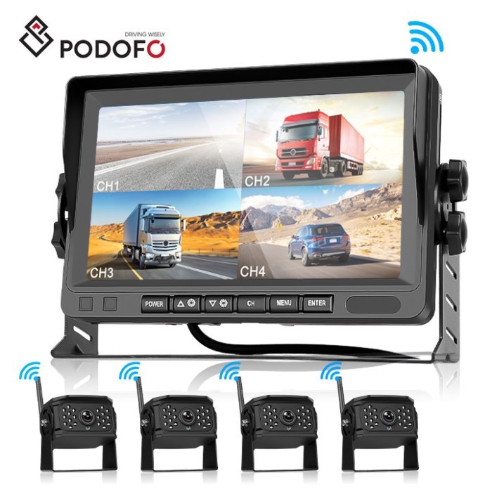 Podofo 7" IPS Screen Digital HD Wireless Backup Monitor IP68 Waterproof 4CH Monitor Night Vision wi