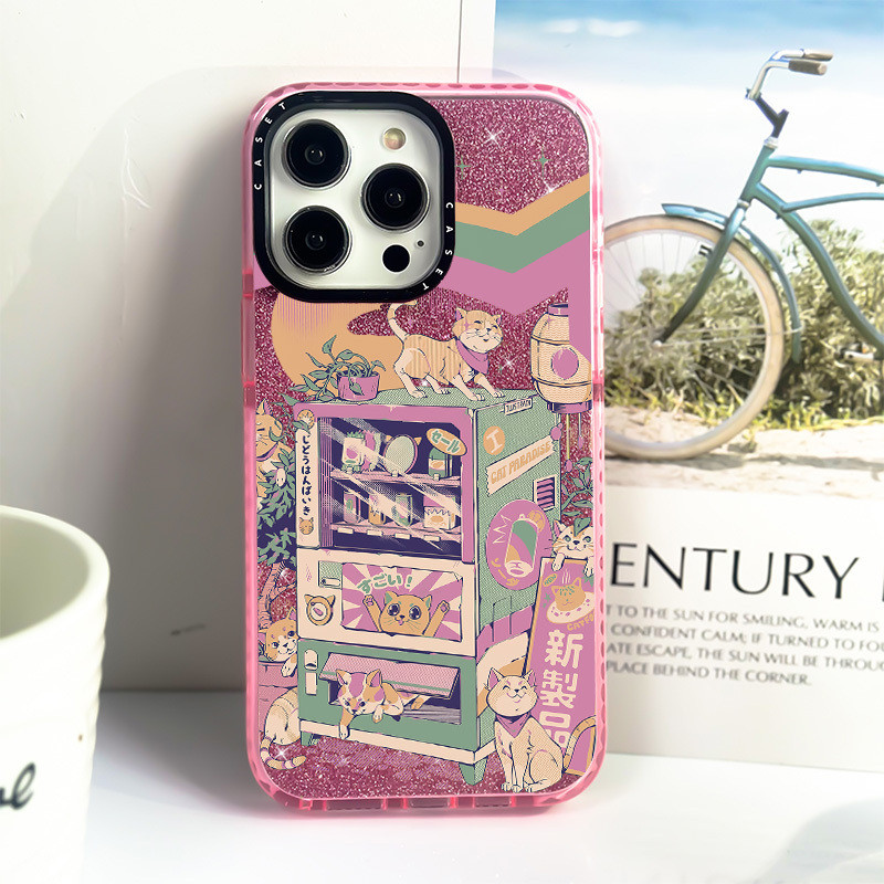 GlitterสําหรับIPhone 11 12 13 15 16 Pro Maxน่ารักKitty Vendingเครื่องX XR XS Maxซิลิโคนนุ่มกันชนใสSE