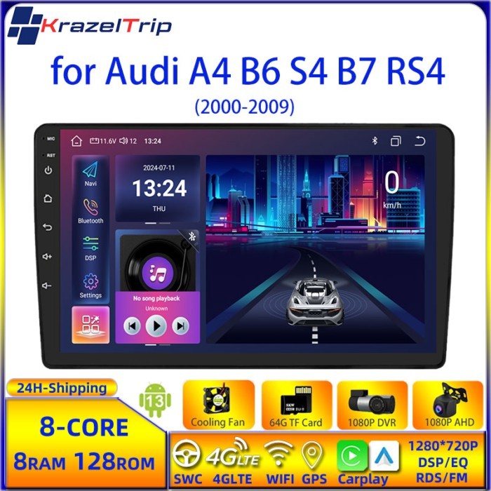 8 Core Car Radio Stereo for Audi A4 B6 S4 B7 RS4 2000 - 2009 Carplay Android Auto QLED GPS 4G DSP R