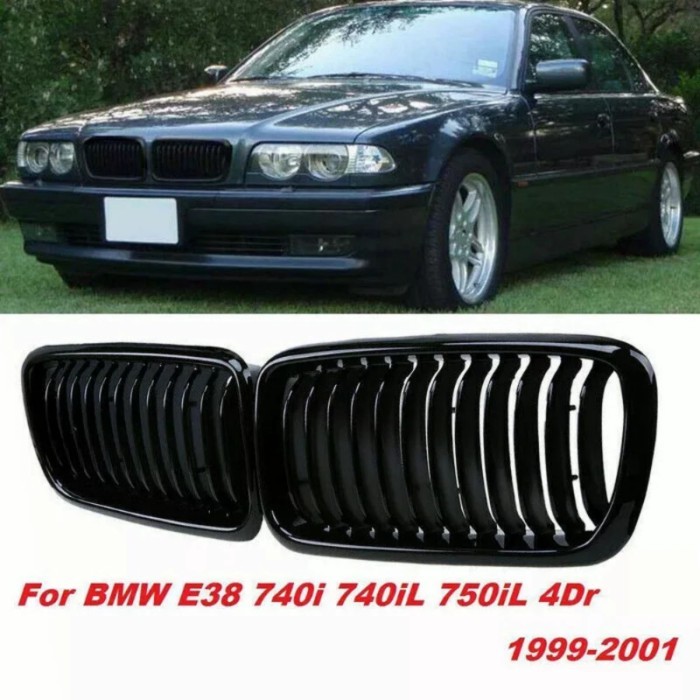 For BMW 7 Series E38 4-Door Sedan 1999-2001 Front Kidney Racing Grille 1 Pair Glossy Black Grill Si