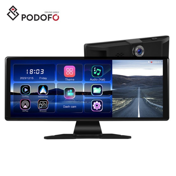 Podofo Wireless CarPlay Portable Car Radio 11.3" DVR ADAS Carplay Screen Android Auto BT 4K Camera