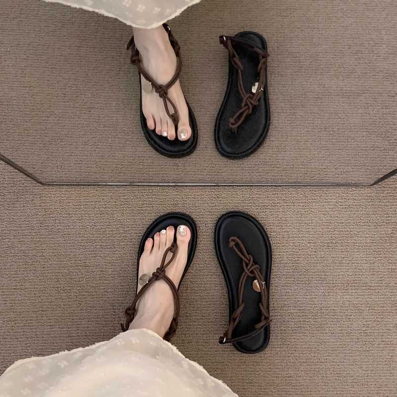 Retro Coffee French Thin Strap Evening Sandals Fairy Shoes Outer Wear 2026 Summer New Style Vacation
