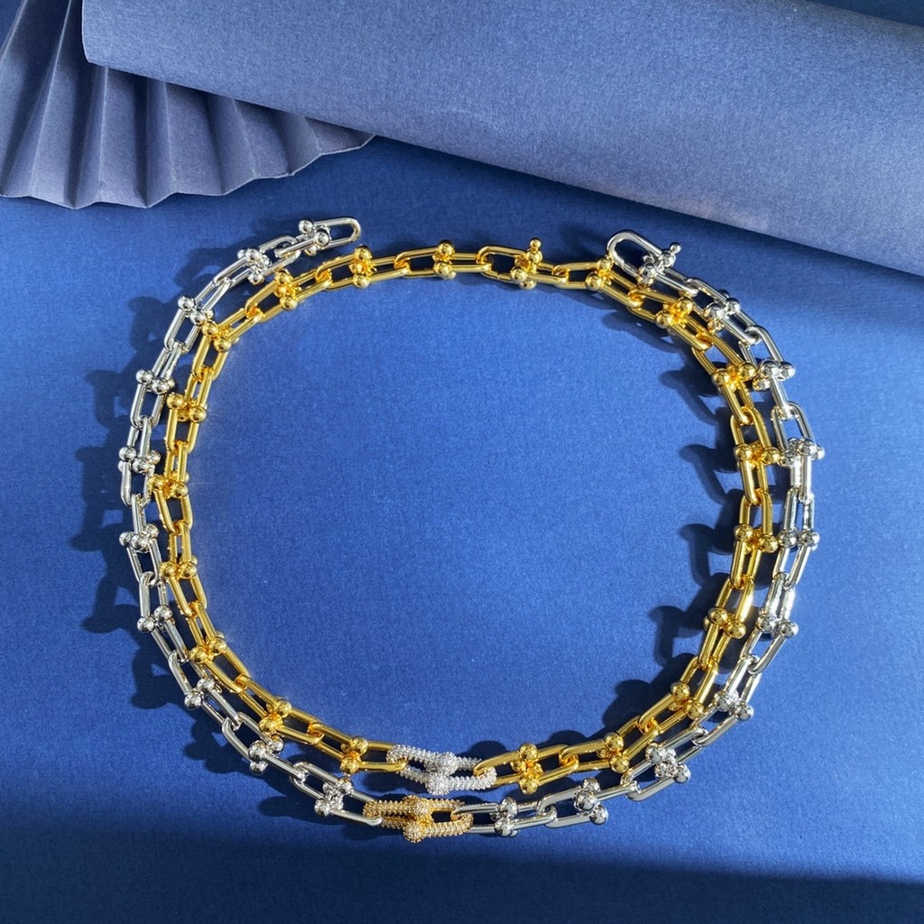 สร้อยคอยุโรป-อเมริกันใหม่ TFN ทิฟฟานี่ สไตล์พื้นผิวมันวาว โซ่ไม้ไผ่ U-รูปเกือกม้า สีทองเงิน ประดับเพ