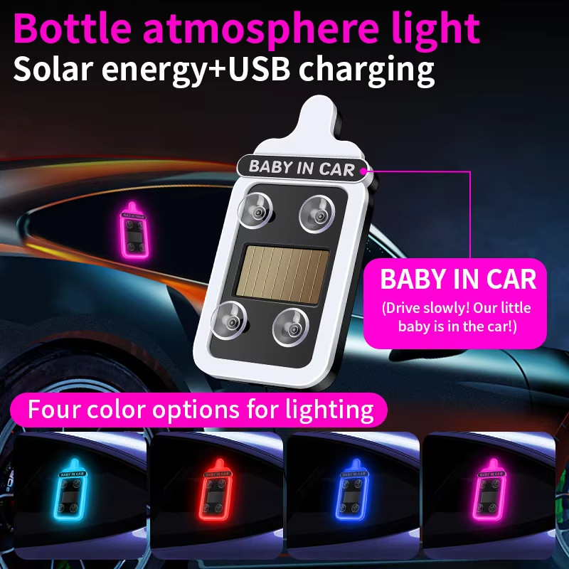พลังงานแสงอาทิตย์รถหน้าต่าง Ambient Light ถ้วยดูดใหม่ขวดนม DesignType-C ชาร์จรถบรรยากาศแสงรถนีออนหน้าต่างตกแต่ง