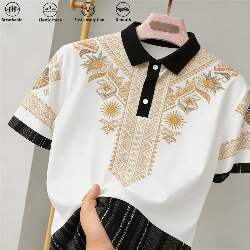 เสื้อโปโลสไตล์ชาติพันธุ์สำหรับผู้ชาย แขนสั้น ใส่สบายในหน้าร้อน มาพร้อมแฟชั่นสตรีทแวร์