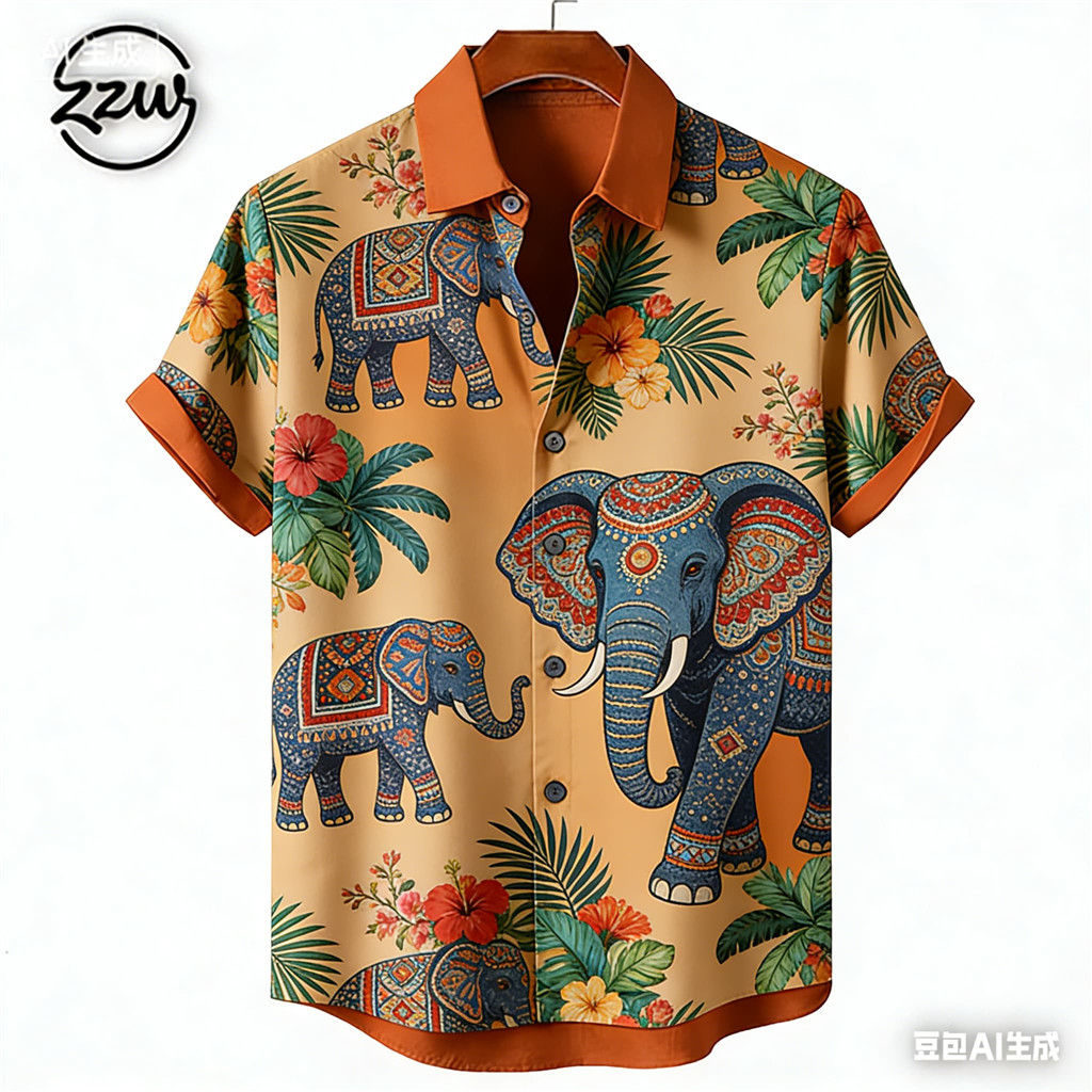 ใหม่ Contrast Collar Tropical Floral & Elephant พิมพ์เสื้อผู้ชายแขนสั้นปุ่มลงเสื้อฤดูร้อน