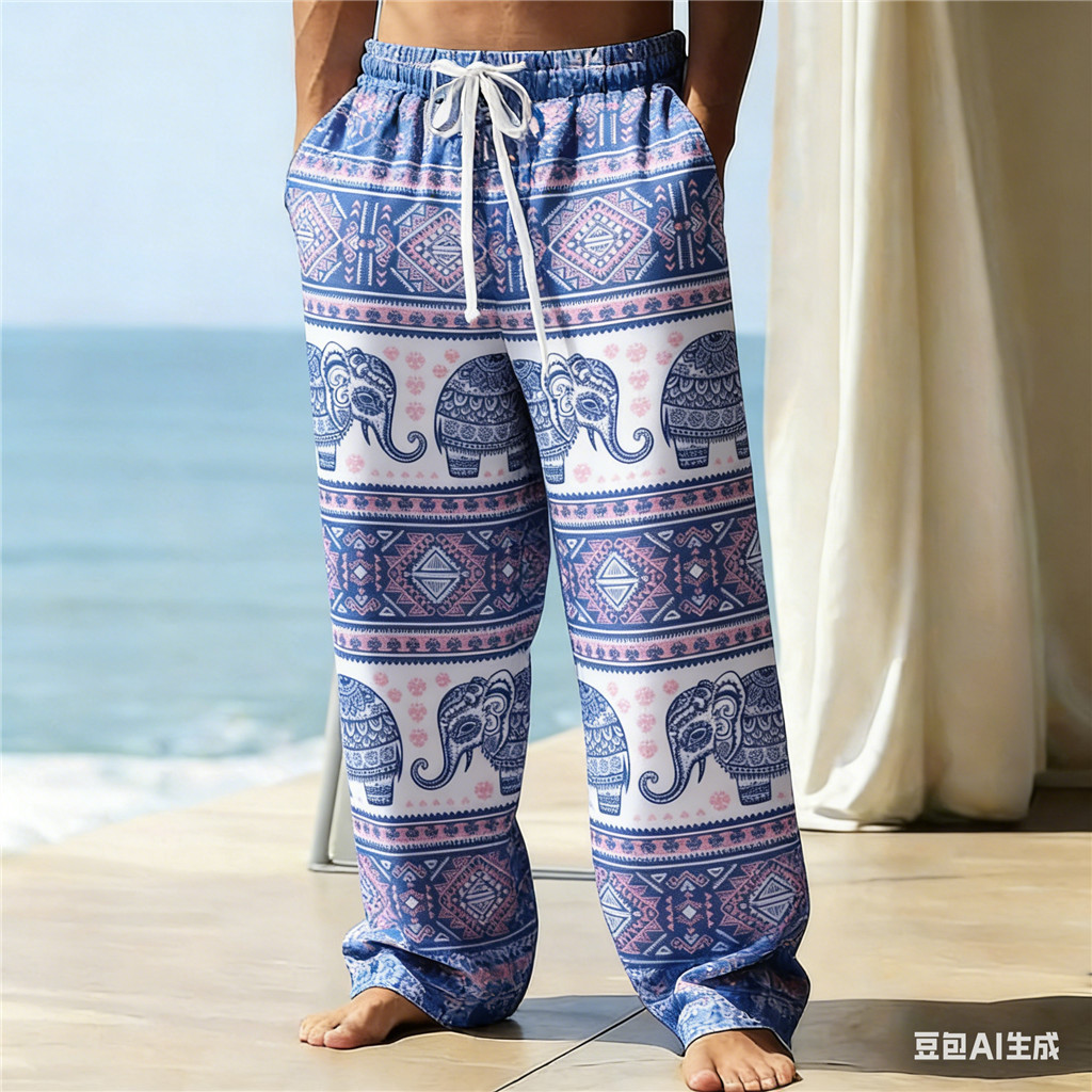 Tropical Loose Pants สำหรับสวมใส่ท่องทะเล ดีไซน์ลายพิมพ์ 3D พาล์มไม้และช้างไทย