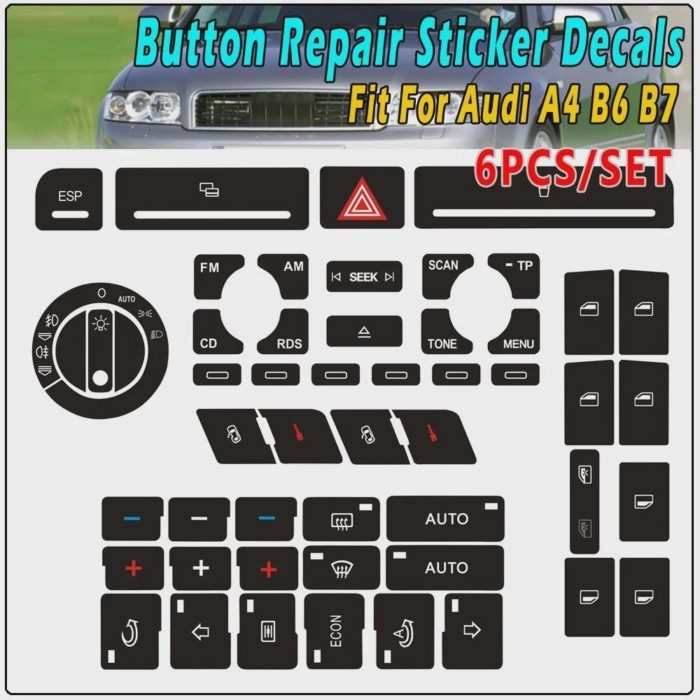 6Pcs/Set Car Front Radio Button Decal Sticker with Navigation Repair Set Fit For Audi A4 B6 B7 2000