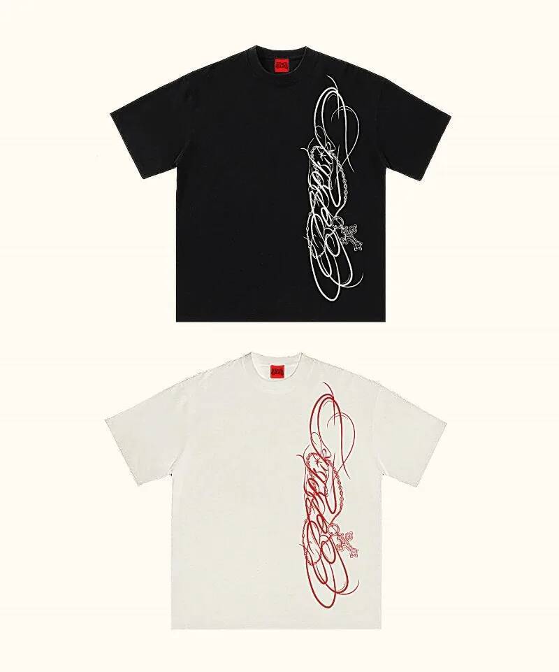 Y2K American High Street Side Letter เสื้อยืดไซส์บิ๊กฟิตสำหรับผู้ชาย สไตล์เรโทรแบบหนักๆ ทำจากผ้าฝ้ายแท้ แขนสั้น สไตล์โอเวอร์ฮอลเดอร์