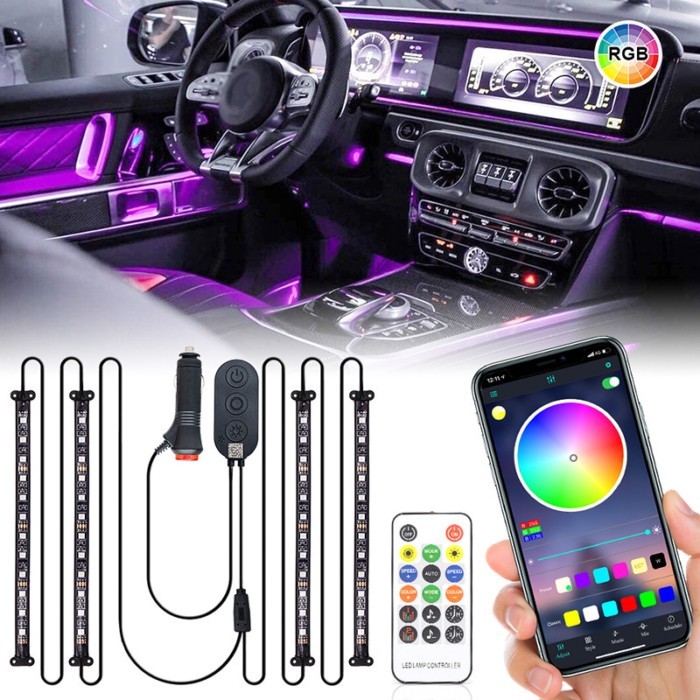 OVOVS Others Car Light Accessories 4PCS 12 V RGB Blue-tooth Control Car Interior Led Strip Lighting