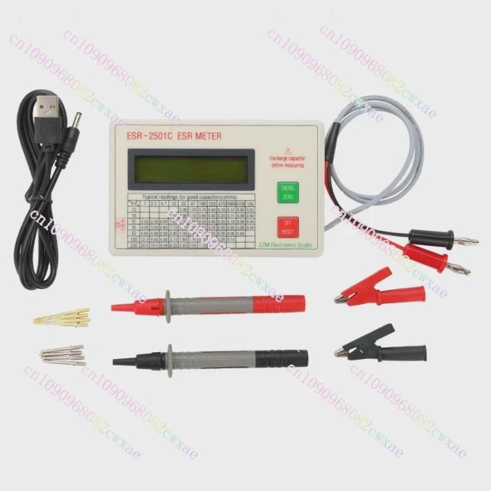 New ESR2501C Capacitor ESR DCR Tester Test In Circuit Capacitance Meter With Test Leads Clip Batter