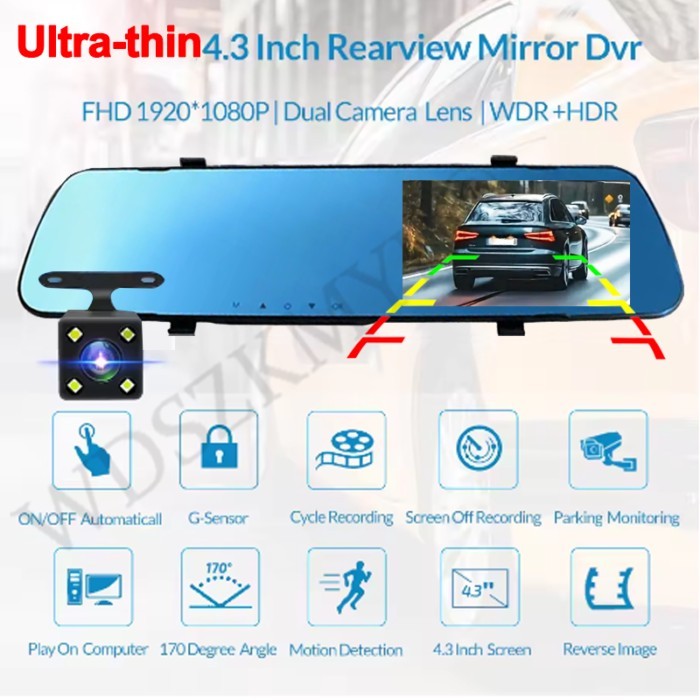 4.3inch 1080P Rearview Mirror Car DVR Ultra-thin Video Recorder Dash Cam for Cars Front Rear View C