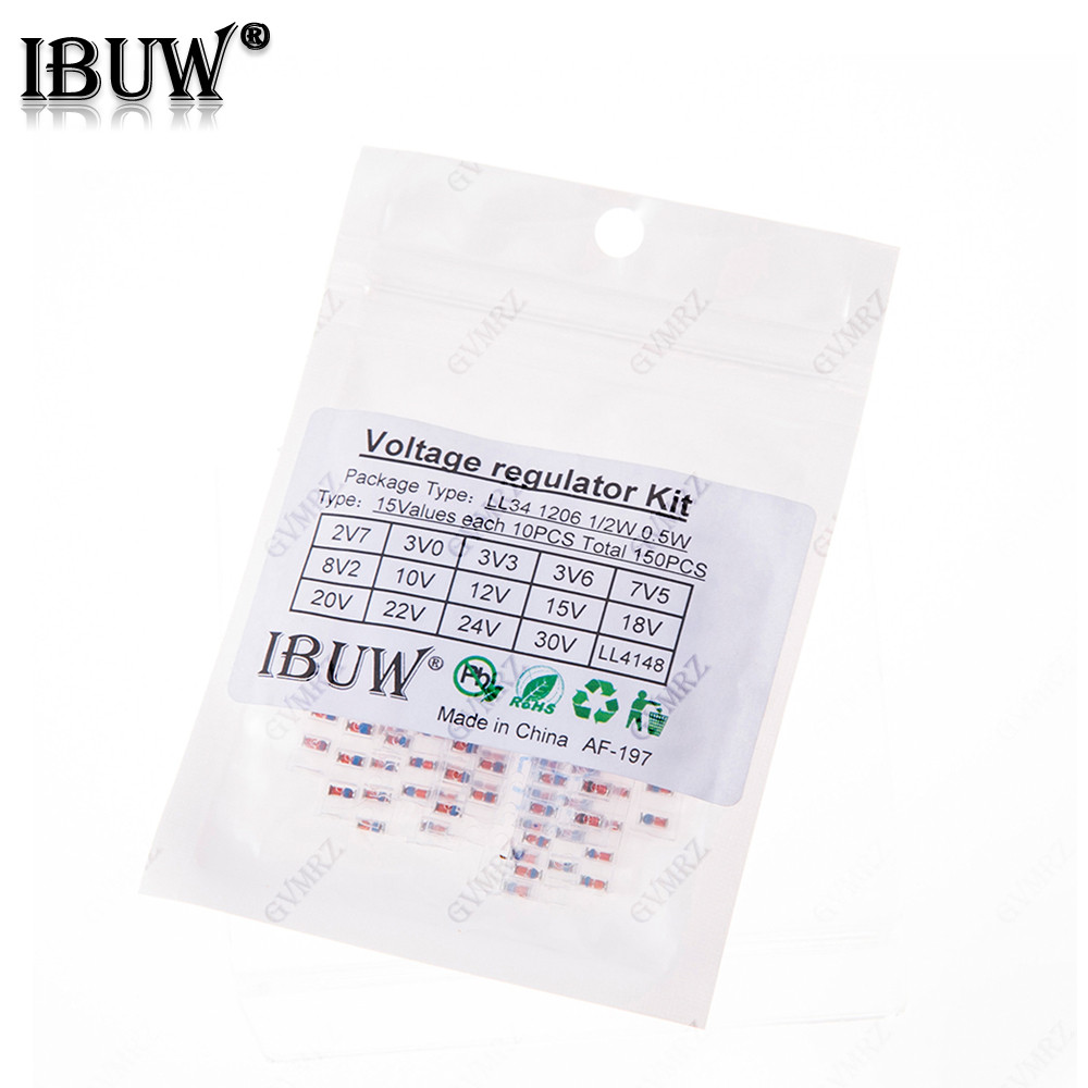 15มูลค่า *10pcs = 150pcs LL34 SMD Zener Diode Assorted Kit 0.5W 2.7V-30V และ LL4148 2.7V 3.3V 7.5V 8