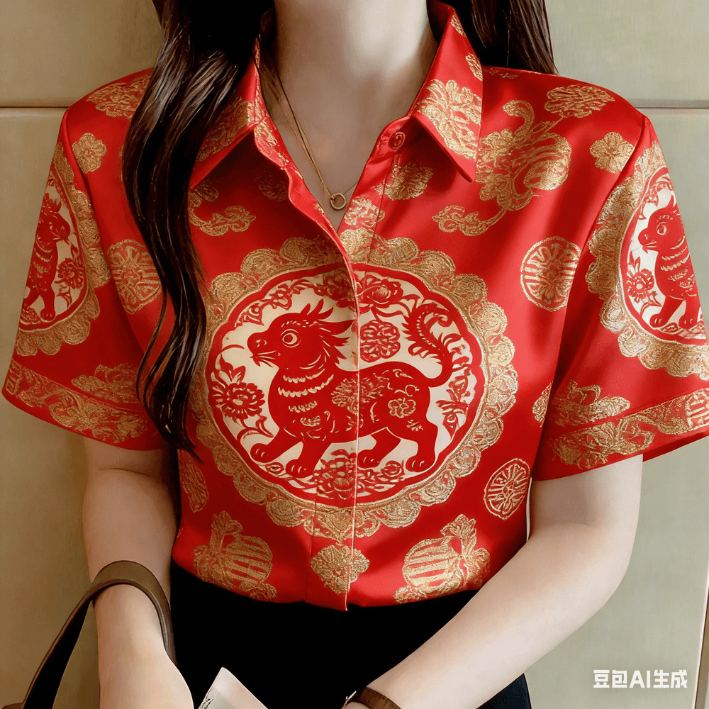 เสื้อผู้หญิงสำหรับเทศกาลตรุษจีน สไตล์ฮาวายแขนสั้นลายพิมพ์ ขนาดใหญ่พอดีตัว (Oversize) - รูปที่ 2