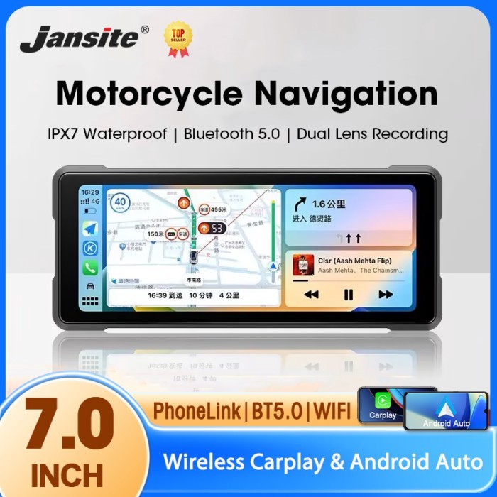 7 Inch Motorcycle Carplay Navigation Wireless Moto Carplay Android Auto Display IPX7 Waterproof Dua