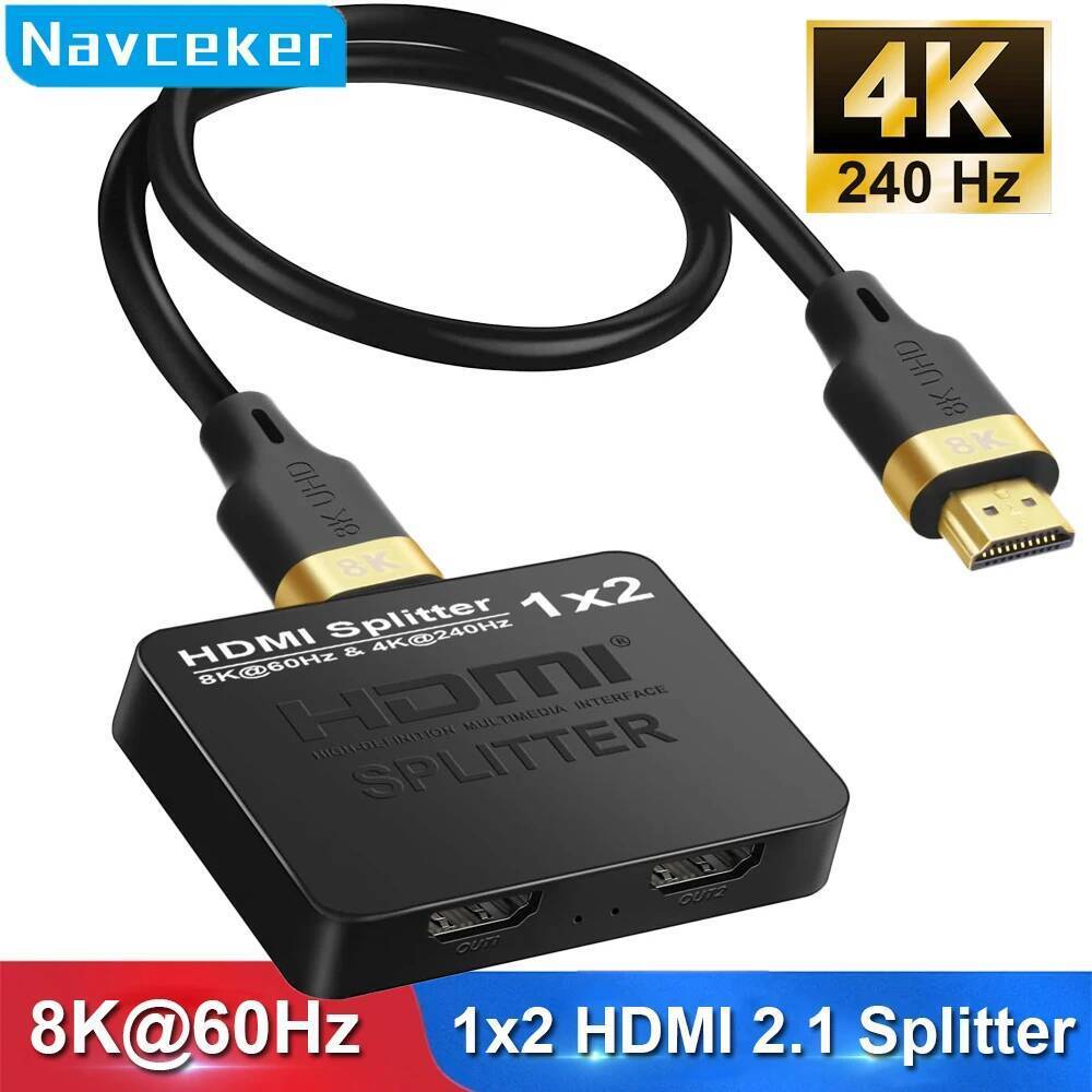 Navceker 1x2 4K 240Hz HDMI Splitter 8K 1 Input 2 Output HDMI 2.1 Bypass จําหน่ายกล่องสําหรับสองหน้าจ