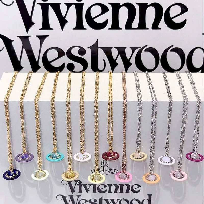 ♞,♘Vivienne Westwood - เครื่องประดับเงินแข็ง สร้อยคอลูกปัด Enamel Saturn พร้อมกล่องของขวัญ