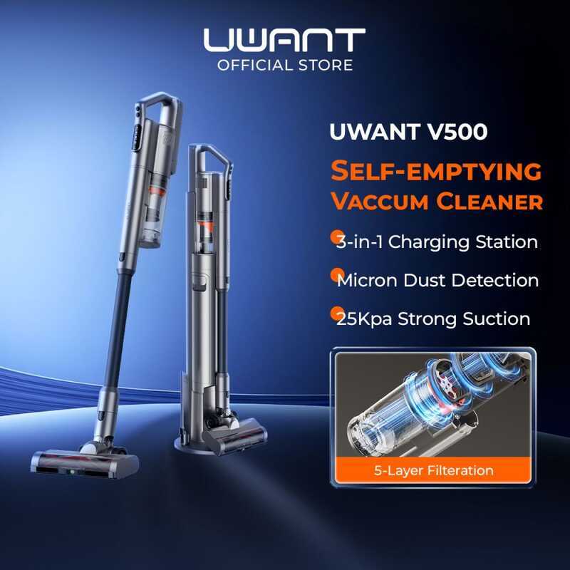 UWANT V500 เครื่องดูดฝุ่นแบบไร้สายพร้อมระบบดูดฝุ่นอัตโนมัติ แรงดูด 25kPa 60° ระบบตรวจจับฝุ่นสีเขียว 