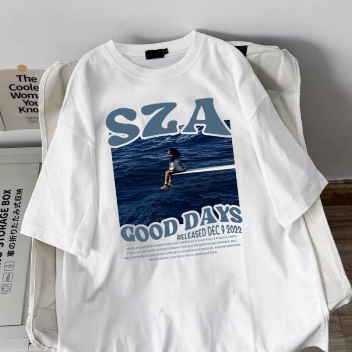 เสื้อผ้าผู้หญิงเกาหลี | เสื้อยืดคอกลมโอเวอร์ไซส์ ผ้าคอตตอน 100% | SZA เสื้อลําลองพิมพ์ลายมีสไตล์ y2k