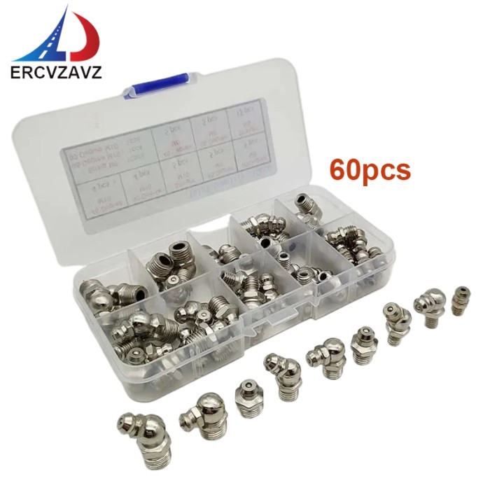 60pcs/ Set M6 M8 M10 Angle Grease Nipples kit Zinc Plated Straight 45 90 Degree Angle Metric Thread