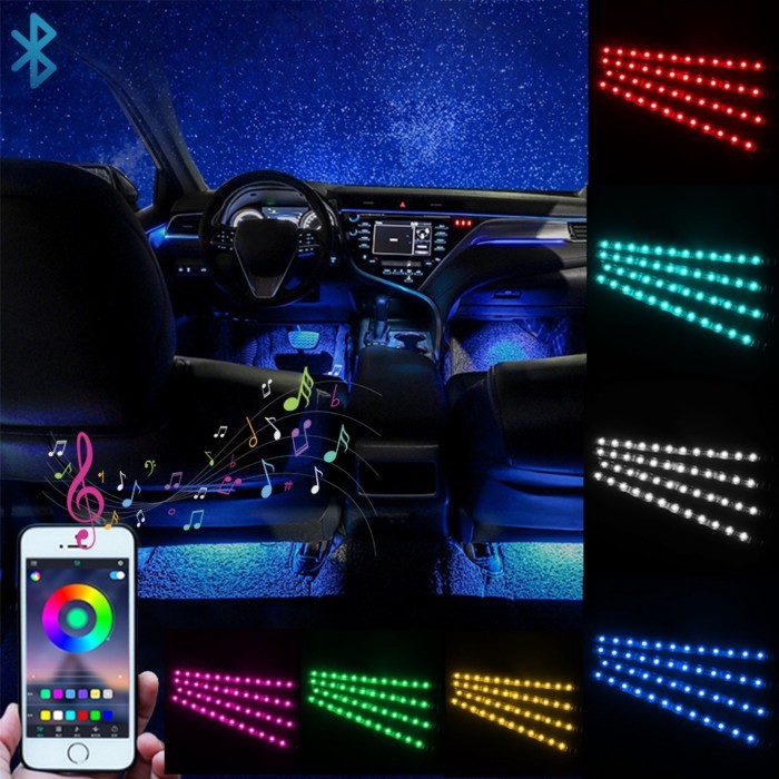 4 in 1 Sound Music Control RGB LED Strip Lights Car Interior Lights App Bluetooth Control Car Floor