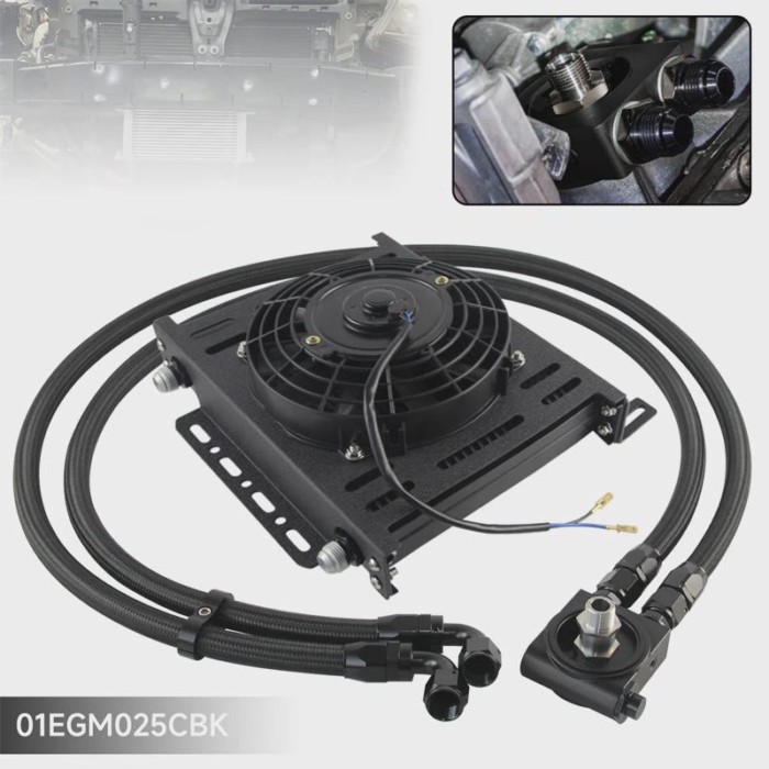 Oil Cooler Kit w/ Bracket Kit Universal Aluminum AN10 Thermostatic 73±0.5°+7'' Electric Fan Transmi