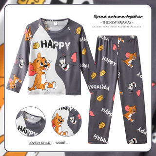 ชุดนอนเด็กชายแขนยาวขายาวคอกลม สไปเดอร์แมน เนื้อผ้านม丝 นุ่มสบาย ใส่หลับสบายสำหรับเด็ก
